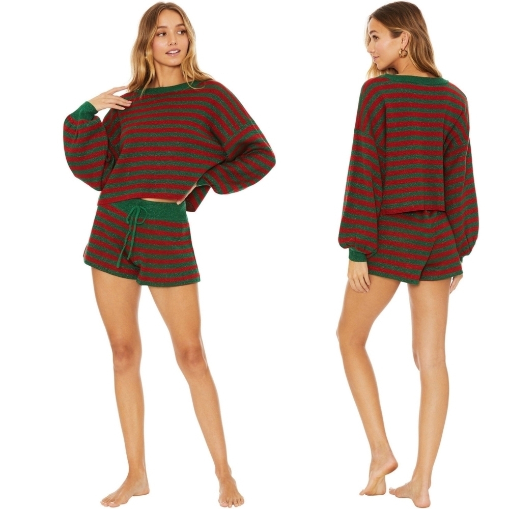 BEACH RIOT // red green stripe relaxed fit elastic drawstring balboa knit shorts